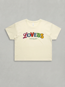 Beige t-shirt with 'LOVEUS' text on a gray background. Extremely Gifted cropped cotton shirt with abstract graphic design, relaxed fit with dropped shoulders and shorter length LOVEUS