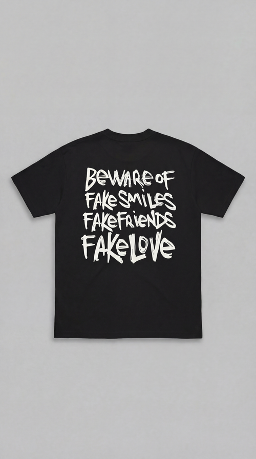 LOVEUS "Beware of Fake" Heavyweight Graphic T-Shirt in black. Back view against white background.