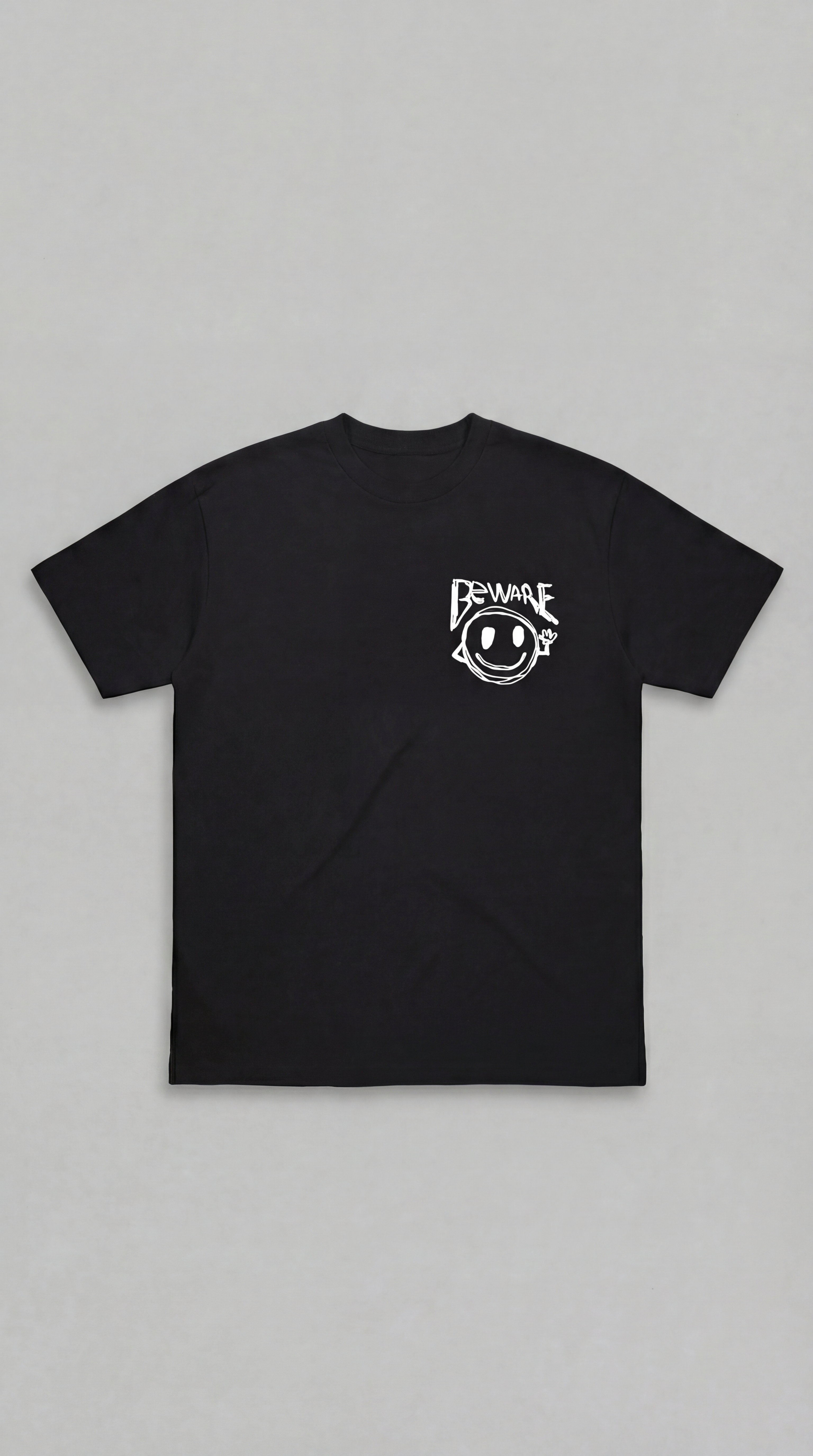 Black LOVEUS "Beware of Fake" cotton t-shirt with a smiley face logo on the chest against a gray background. 