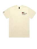 The front view of the beige Beware of the Loverboy Heavyweight Tee against a crisp white background, showcasing its clean neckline and relaxed streetwear silhouette.