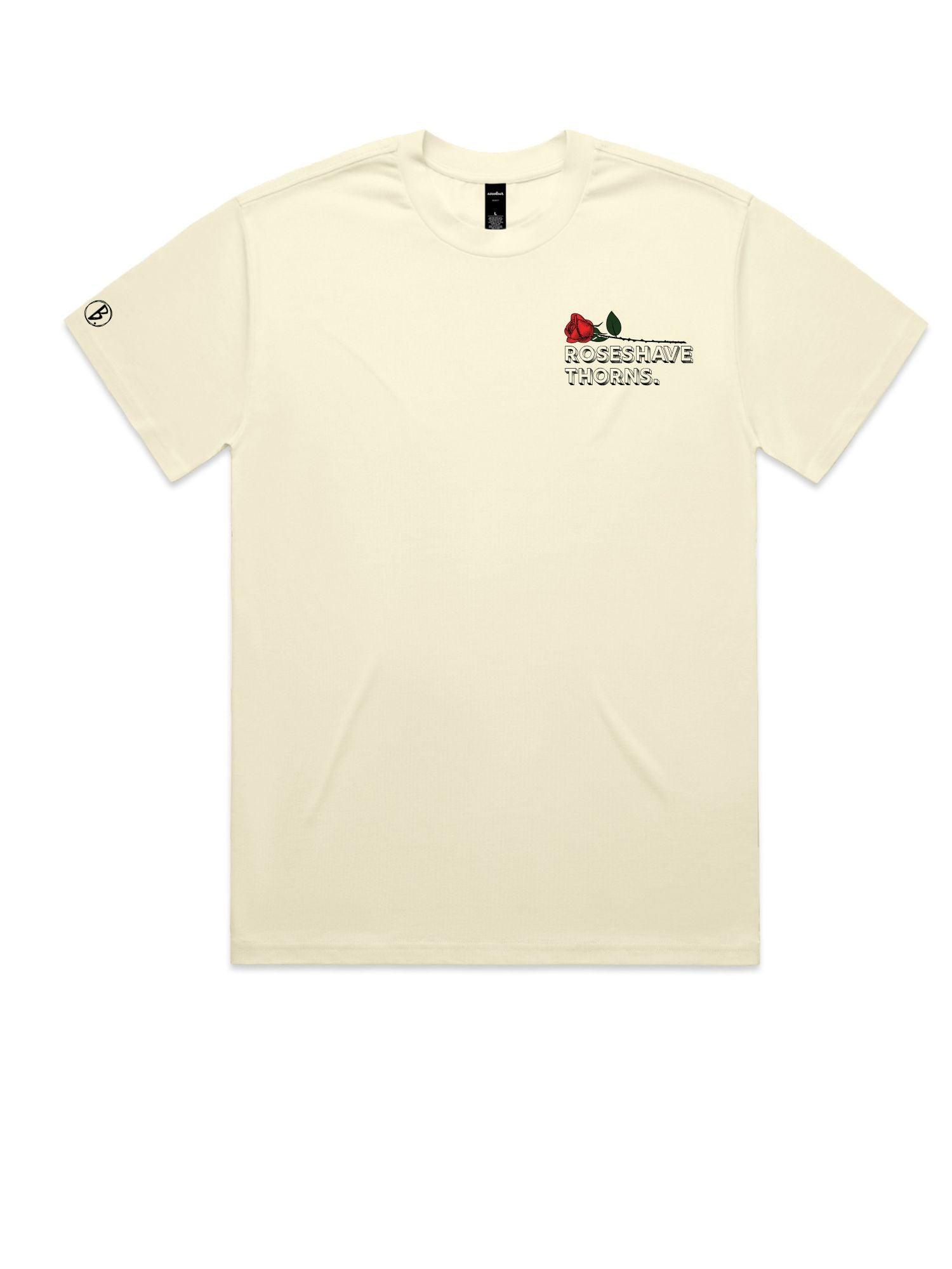 The front view of the beige Beware of the Loverboy Heavyweight Tee against a crisp white background, showcasing its clean neckline and relaxed streetwear silhouette.