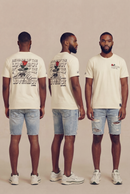 Three Black men standing against a minimalist beige background, wearing the white LOVEUS Beware of the Loverboy Heavyweight Tee featuring a bold rose graphic design.