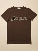 A front view of the brown Loveus Chocolate Angel Embroidered Cotton Shirt displayed against a neutral beige background, showcasing its relaxed, structured fit.