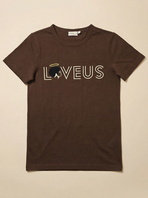 A front view of the brown Loveus Chocolate Angel Embroidered Cotton Shirt displayed against a neutral beige background, showcasing its relaxed, structured fit.