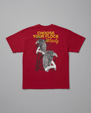 Flat lay back view of the maroon Choose Your Flock Heavyweight Graphic Tee on a neutral gray background, displaying a raised HD graphic of a vulture bird design and text.