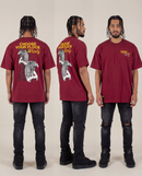 A man wearing 3 views of the maroon Choose Your Flock Heavyweight Graphic Tee, showcasing its premium streetwear style and boxy, relaxed fit.
