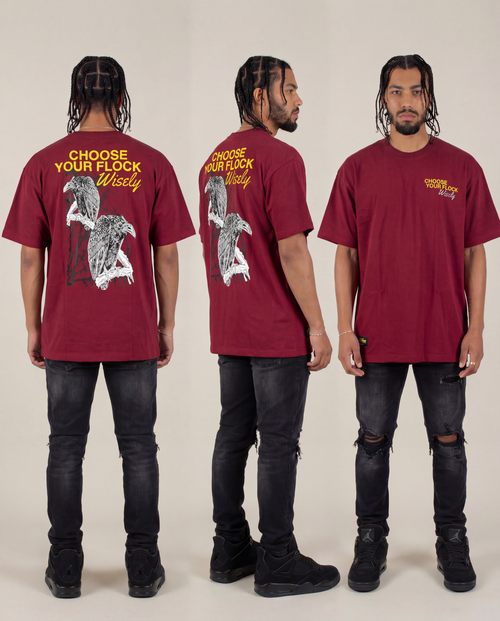 A man wearing 3 views of the maroon Choose Your Flock Heavyweight Graphic Tee, showcasing its premium streetwear style and boxy, relaxed fit.