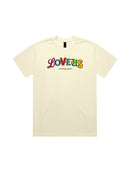 A flat-lay view of the beige Extremely Gifted Heavyweight Graphic Tee on a clean white background, highlighting the colorful abstract text design and premium cotton texture.