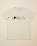 Front view of the beige Ivory Angel cotton shirt by Loveus, highlighting its relaxed structured fit and the prominent 'LOVEUS' logo.