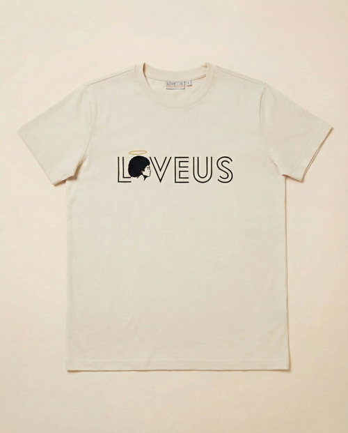 Front view of the beige Ivory Angel cotton shirt by Loveus, highlighting its relaxed structured fit and the prominent 'LOVEUS' logo.