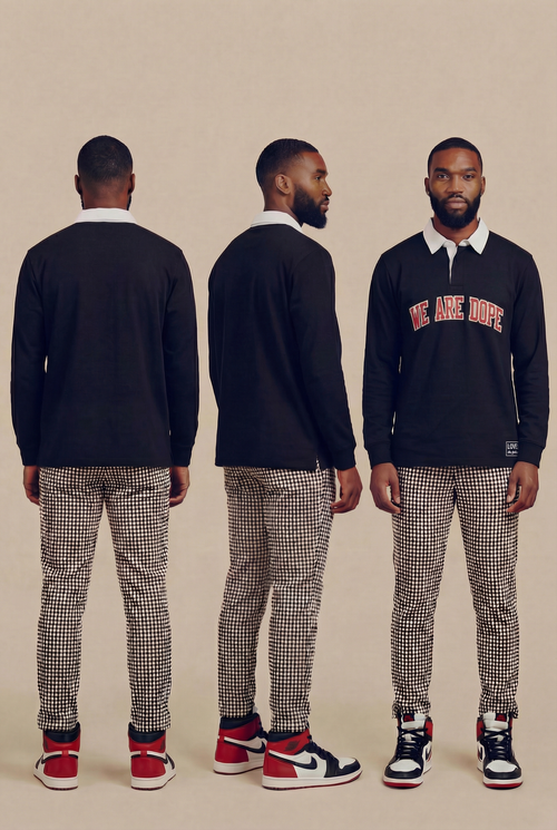 Three studio views of a man wearing the black We Are Dope Heavyweight Rugby Polo with bold red and white text detailing, paired with checkered pants against a beige background.